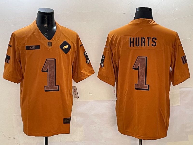 Men Philadelphia Eagles #1 Hurts Yellow Nike 2025 Salute to Service Limited NFL Jersey style 1